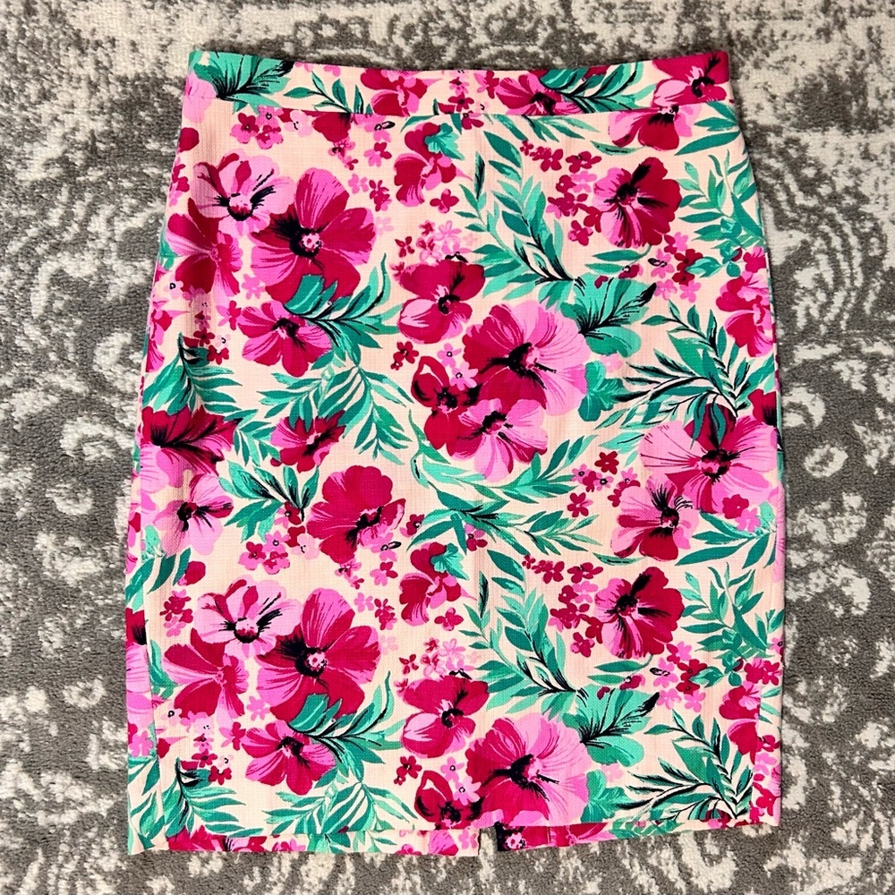 J. Crew Pink Floral Pencil Skirt with Green Leaves